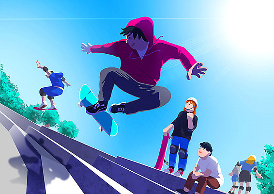 PSD 여자 남자 스포츠 로우앵글 일러스트 협력 사람 여러명 청년 취미 청춘 운동 점프 스케이트보드 감탄 단체활동 동아리 무릎보호대 방과후 국내일러스트 교육 뷰포인트 다수 컨셉 모션 건강 성인 보드_스포츠 그룹 파일형식