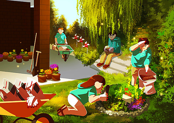 PSD 여자 남자 꽃 일러스트 자연 협력 사람 여러명 청년 취미 초록색 청춘 환경 정원 수레 숲 환경보전 원예 정원가꾸기 나무심기 단체활동 동아리 환경미화 방과후 국내일러스트 식물 교육 컬러 다수 컨셉 성인 카트 그룹 사회이슈 생태계 심기 파일형식