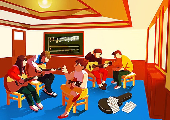 PSD 여자 남자 음악 연주 일러스트 협력 사람 여러명 청년 취미 청춘 기타 강의 연습 악보 음악교육 단체활동 동아리 음악실 방과후 국내일러스트 교육 다수 컨셉 현악기 문화예술 성인 그룹 파일형식