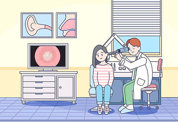 여자 남자 일러스트 의학 의료기기 건강 병원 사람 앉기 성인 두명 건강관리 진료 환자 의사 귀 건강검진 고막염 이비인후과 성인만 국내일러스트 AI파일 모션 관리 신체부위 의료진 질병 검사_조사 파일형식 벡터