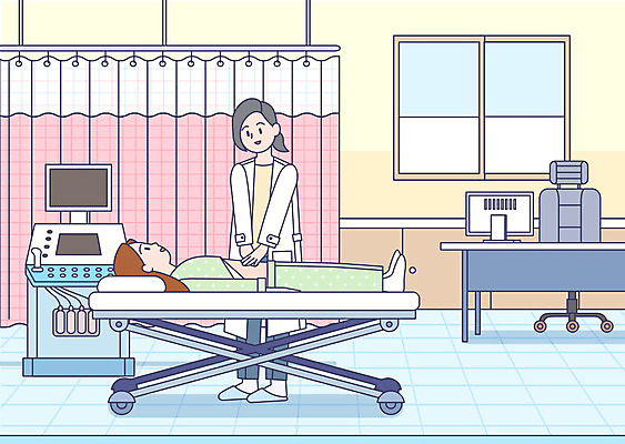 여자 일러스트 의학 의료기기 건강 병원 사람 성인 두명 눕기 건강관리 진료 의사 건강검진 내과 초음파 초음파검사 촉진 여자만 성인여자만 국내일러스트 AI파일 모션 관리 의료진 검사_조사 성인만 파일형식 벡터