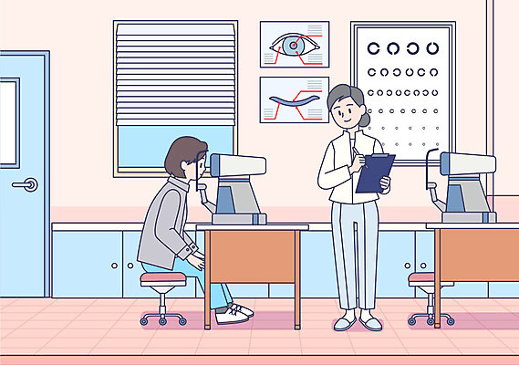 일러스트 의학 의료기기 건강 병원 사람 성인 두명 건강관리 진료 환자 의사 시력 안과 시력검사 건강검진 서류판 시력검사표 안구 성인여자만 눈건강 국내일러스트 AI파일 관리 신체부위 사무용품 의료진 검사_조사 여자만 성인만 파일형식 벡터