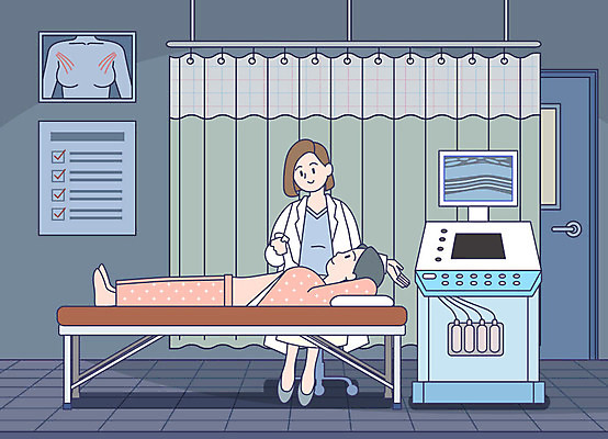 여자 일러스트 의학 의료기기 건강 병원 사람 성인 두명 건강관리 진료 환자 의사 유방 유방암 건강검진 내과 유방암검사 초음파 초음파검사 성인여자만 국내일러스트 AI파일 관리 의료진 가슴 검사_조사 암 여자만 성인만 파일형식 벡터