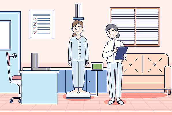 여자 일러스트 의학 의료기기 건강 병원 사람 성인 두명 건강관리 진료 간호사 의사 신장 측정 검사_조사 키재기 신체검사 건강검진 성인여자만 국내일러스트 AI파일 관리 의료진 비뇨기관 키_신체 여자만 성인만 파일형식 벡터