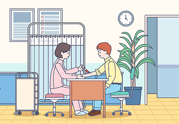 여자 남자 일러스트 의학 의료기기 건강 병원 사람 앉기 성인 두명 건강관리 진료 환자 간호사 의사 검사_조사 건강검진 채혈 성인만 국내일러스트 AI파일 모션 관리 의료진 파일형식 벡터