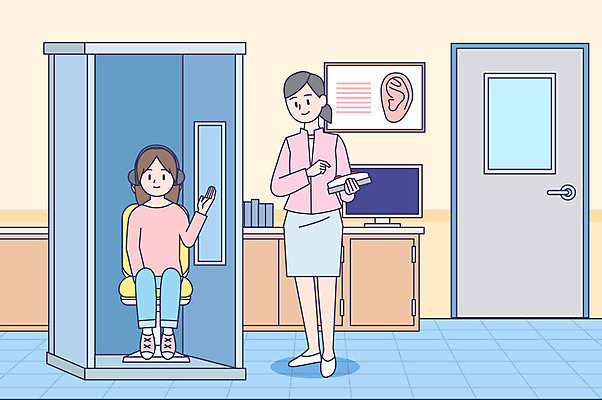 여자 일러스트 의학 의료기기 건강 병원 사람 성인 두명 건강관리 진료 환자 간호사 의사 검사_조사 귀 건강검진 이비인후과 청력검사 성인여자만 국내일러스트 AI파일 관리 신체부위 의료진 여자만 성인만 파일형식 벡터