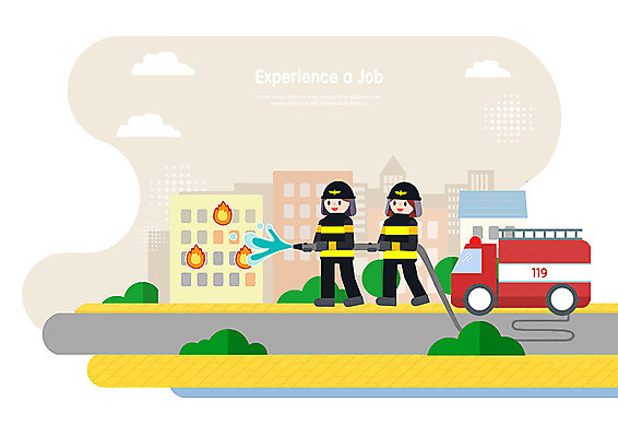 PSD 직업 도로 어린이 일러스트 불 불꽃 거리 사람 두명 체험학습 체험 소방관 구조원 장래희망 소방차 직업체험 119 방화복 점화 국내일러스트 자연요소 길 컨셉 교통시설 자동차 소방 전화번호 파일형식