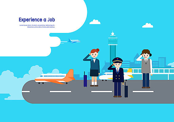 PSD 직업 여자 남자 어린이 하늘색 일러스트 비행기 사람 소녀 소년 세명 체험학습 체험 공항 승무원 장래희망 활주로 경례 기장 직업체험 국내일러스트 길 컨셉 항공교통 교통시설 대중교통 파란색 인사 파일형식
