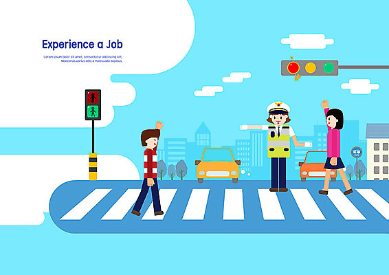 PSD 직업 여자 남자 도로 어린이 하늘색 일러스트 자동차 사람 소녀 소년 세명 손들기 걷기 체험학습 체험 횡단보도 경찰 신호등 신호 장래희망 경찰복 여경 경찰모자 직업체험 교통신호 교통경찰 스쿨존 국내일러스트 모자_잡화 길 육상교통 교통 컨셉 유니폼 교통시설 모션 파란색 보행로 파일형식