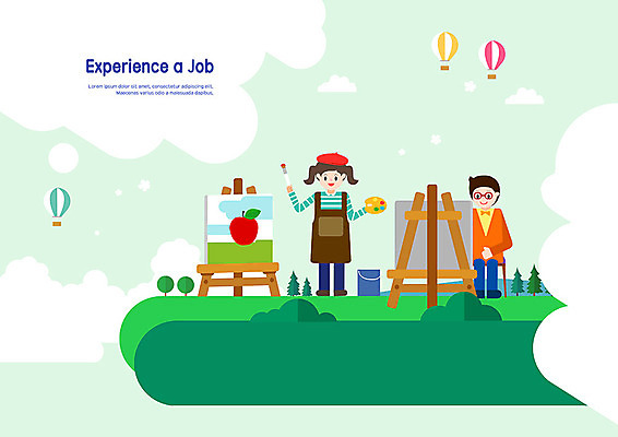 PSD 직업 여자 남자 어린이 일러스트 사람 소녀 소년 두명 초록색 열기구 붓 체험학습 체험 색칠 팔레트 사과 이젤 그림 캔버스 화가 장래희망 직업체험 화가모자 국내일러스트 모자_잡화 컬러 컨셉 과일 항공교통 미술도구 파일형식