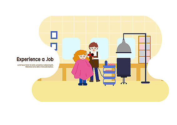 PSD 직업 여자 어린이 일러스트 사람 소녀 두명 뷰티 노란색 미용용품 체험학습 체험 미용실 드라이어 미용사 장래희망 직업체험 트롤리 국내일러스트 컬러 컨셉 수레 뷰티샵 오브젝트 파일형식