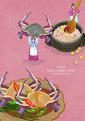 PSD 전통 웰빙 여자 한식 음식 일러스트 고추 건강 요리 사람 성인 두명 숟가락 보라색 전통음식 꽃게 맛 전통의상 한복 대추 게장 웰빙음식 맛집 간장게장 꽃게장 돌솥밥 소인 성인여자만 국내일러스트 한국전통 컬러 컨셉 채소 밥 수저 게 건강식 게요리 여자만 성인만 파일형식