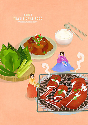 PSD 전통 웰빙 여자 한식 음식 일러스트 고추 오이 수저 건강 요리 사람 성인 두명 빨간색 전통음식 부채 맛 전통의상 한복 갈비 화로 불고기 웰빙음식 맛집 소인 쌈채소 성인여자만 국내일러스트 한국전통 그릇 식기 컬러 컨셉 채소 육류 건강식 여자만 성인만 파일형식