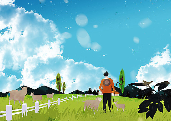PSD 남자 여유 하늘색 백그라운드 여러마리 일러스트 하늘 산 따뜻함 한명 사람 풍경 초원 울타리 평화 고요 목장 농촌 시골 양 시골길 남자한명만 국내일러스트 1 감정 길 다수 컨셉 포유류 파란색 담장 남자만 파일형식
