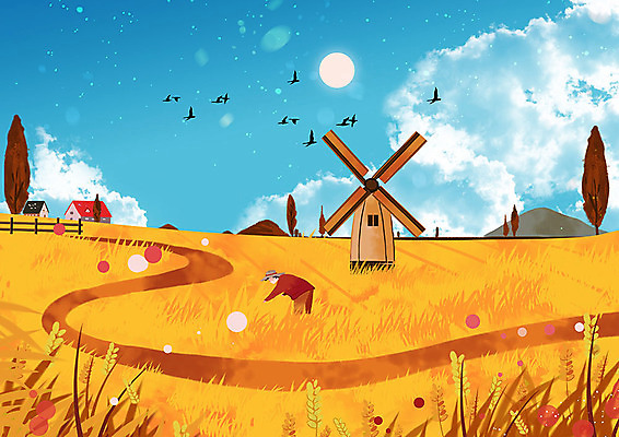 PSD 남자 여유 백그라운드 일러스트 조류 따뜻함 한명 풍경 초원 농작물 평화 고요 풍차 수확 가을 농촌 시골 농부 밀 밀밭 보리수확 남자한명만 가을배경 국내일러스트 동물 직업 1 계절 감정 컨셉 밭 농업 곡류 사람 보리 남자만 파일형식 가을_계절