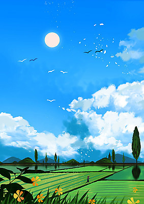 PSD 구름 남자 하늘색 백그라운드 일러스트 하늘 논 따뜻함 한명 사람 풍경 여름 맑음 고요 여름풍경 농촌 시골 농부 모내기 남자한명만 국내일러스트 자연요소 직업 1 계절 농업 날씨 파란색 남자만 파일형식 여름_계절