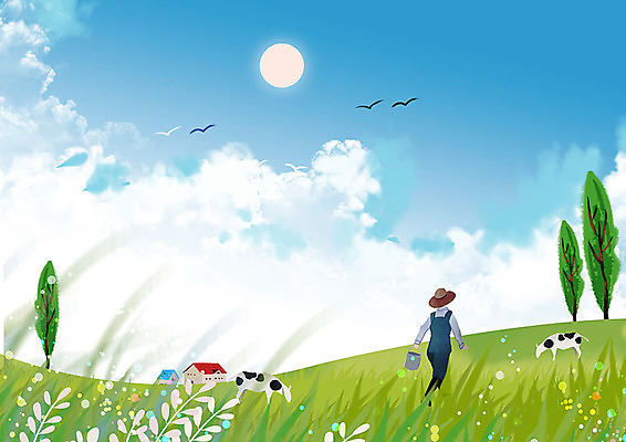 PSD 구름 남자 여유 하늘색 백그라운드 일러스트 하늘 한명 사람 풍경 초원 평화 고요 목장 농촌 시골 농부 젖소 남자한명만 해맑음 국내일러스트 자연요소 직업 1 감정 컨셉 표정 파란색 소 남자만 파일형식