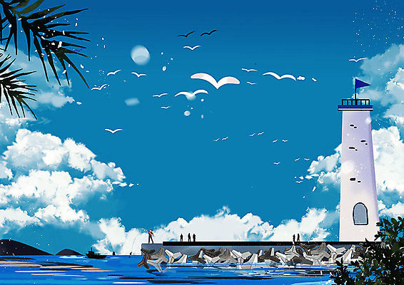 PSD 여유 바다 백그라운드 일러스트 갈매기 낚시 등대 사람 풍경 여러명 취미 여름 파란색 고요 농촌 시골 시원함 어부 방파제 어촌 클래식블루 국내일러스트 직업 계절 공공시설 감정 컬러 다수 조류 레저 파일형식 트랜드컬러