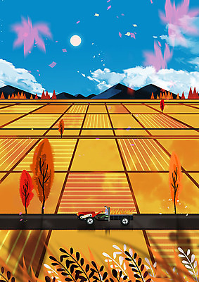 PSD 남자 여유 백그라운드 단풍 일러스트 하늘 산 논 따뜻함 한명 풍경 평화 주황색 고요 수확 가을 농촌 시골 농부 트랙터 경운기 가을배경 국내일러스트 직업 1 계절 감정 컬러 컨셉 잎 농업 사람 농기계 특수차량 파일형식 가을_계절