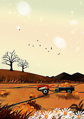 PSD 꽃 여유 백그라운드 일러스트 호박 풍경 사람없음 주황색 고요 수확 가을 농촌 시골 트랙터 경운기 들국화 수확철 가을배경 국내일러스트 식물 계절 감정 컬러 농업 채소 농기계 특수차량 파일형식 가을_계절