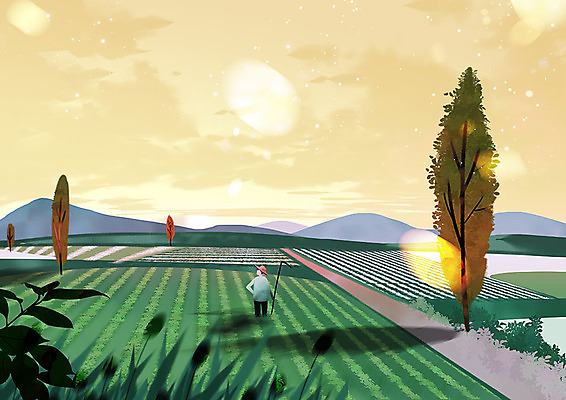 PSD 나무 여유 백그라운드 밭 일러스트 논 따뜻함 한명 사람 풍경 초원 여름 햇빛 고요 여름풍경 농촌 시골 농부 국내일러스트 식물 직업 1 계절 감정 농업 태양 파일형식 여름_계절