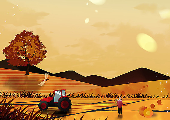 PSD 여유 백그라운드 일러스트 논 따뜻함 한명 사람 풍경 평화 주황색 고요 가을 농촌 시골 잠자리 트랙터 경운기 가을배경 국내일러스트 1 계절 감정 컬러 곤충 컨셉 농업 농기계 특수차량 파일형식 가을_계절