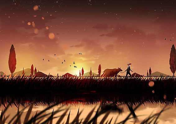 PSD 나무 여유 백그라운드 일러스트 따뜻함 한명 풍경 빨간색 강 노을 고요 일몰 농촌 시골 소 농부 저녁 황소 국내일러스트 자연요소 식물 직업 1 감정 컬러 포유류 사람 야간 파일형식