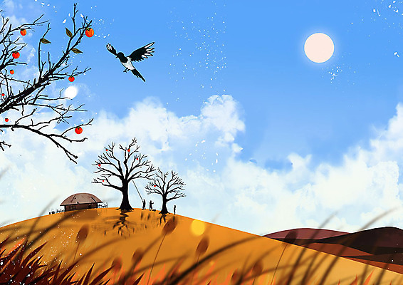 PSD 구름 여유 백그라운드 단풍 일러스트 하늘 산 초가집 따뜻함 사람 풍경 맑음 고요 수확 가을 농촌 시골 언덕 감나무 까치 가을배경 국내일러스트 자연요소 나무 계절 감정 잎 농업 조류 날씨 한옥 감 파일형식 가을_계절