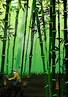 PSD 남자 여유 백그라운드 일러스트 한명 사람 풍경 초록색 고요 농촌 시골 대나무 대나무발 대나무숲 죽순 대나무밭 국내일러스트 나무 1 감정 컬러 밭 숲 파일형식