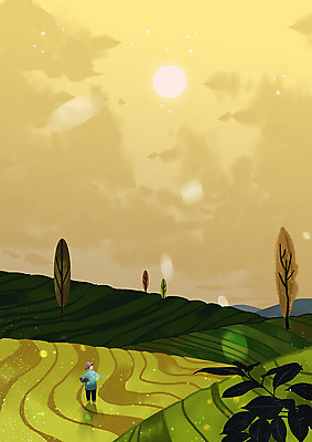 PSD 여유 백그라운드 일러스트 따뜻함 한명 사람 풍경 고요 농촌 시골 농부 녹차 녹차밭 국내일러스트 직업 1 감정 밭 차_음료 파일형식