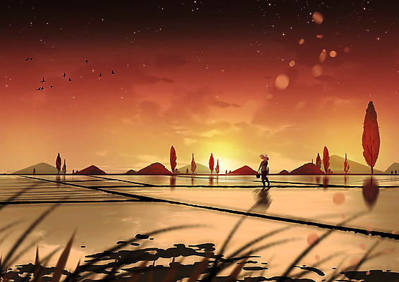 PSD 여유 백그라운드 일러스트 따뜻함 한명 사람 풍경 노을 고요 일몰 가을 농촌 시골 농부 모내기 가을배경 국내일러스트 자연요소 직업 1 계절 감정 농업 파일형식 가을_계절