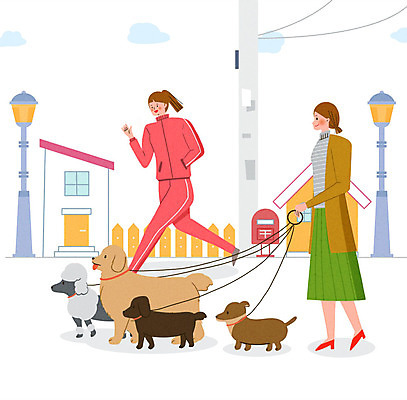 PSD 동물 라이프스타일 여자 행복 반려견 여러마리 일러스트 가족 함께함 사랑 성인 두명 울타리 운동복 산책 가족라이프 개 리트리버 강아지 닥스훈트 즐거움 전봇대 푸들 목줄 동행 반려 집앞 성인여자만 국내일러스트 옷 공공시설 감정 다수 컨셉 포유류 관계 휴식 사람 생활 담장 반려동물 여자만 성인만 파일형식 반려용품