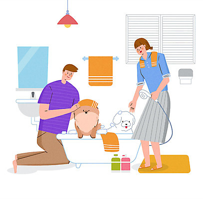 PSD 동물 라이프스타일 부부 여자 남자 행복 반려견 두마리 일러스트 가족 함께함 욕조 사랑 사람 성인 두명 수건 위생용품 목욕 거울 욕실 가족라이프 개 강아지 위생 즐거움 세면대 화장실 샤워기 거품목욕 샴푸 동행 반려 포메라니안 성인만 씻겨주기 국내일러스트 커플 감정 생활용품 컨셉 2 포유류 관계 모션 생활 반려동물 청결 거품 파일형식