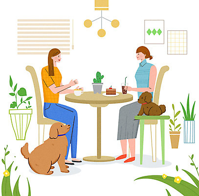 PSD 동물 라이프스타일 여자 행복 화분 반려견 여유 커피 액자 두마리 일러스트 가족 조명 함께함 대화 사랑 성인 두명 카페 가족라이프 블라인드 개 리트리버 강아지 즐거움 푸들 동행 반려 성인여자만 국내일러스트 감정 음료 컨셉 2 포유류 관계 말하기 사람 생활 반려동물 상점 커튼 여자만 성인만 파일형식