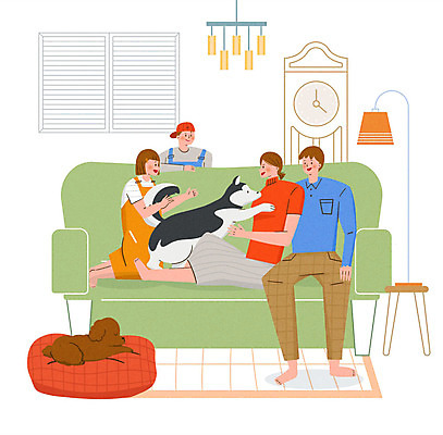 PSD 동물 라이프스타일 부부 여자 남자 딸 행복 반려견 아들 어린이 두마리 거실 일러스트 가족 조명 함께함 사랑 사람 소녀 소년 여러명 성인 소파 가족라이프 개 강아지 시베리안허스키 즐거움 푸들 동행 반려 국내일러스트 커플 감정 다수 컨셉 2 의자 포유류 관계 생활 반려동물 파일형식