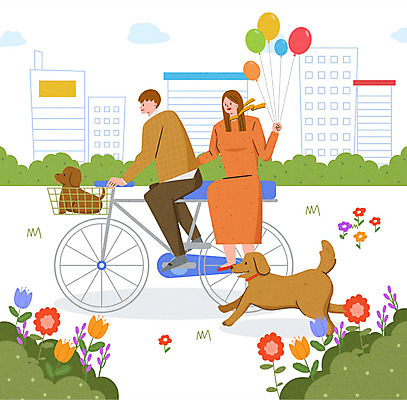 PSD 동물 라이프스타일 커플 여자 남자 꽃 행복 반려견 두마리 일러스트 가족 함께함 사랑 사람 성인 두명 건물 자전거 산책 가족라이프 개 강아지 즐거움 풍선 동행 진돗개 반려 성인만 국내일러스트 식물 건축물 감정 컨셉 2 포유류 관계 휴식 생활 반려동물 바이크 파일형식