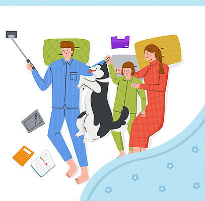 PSD 동물 라이프스타일 부부 여자 남자 행복 반려견 어린이 일러스트 가족 베개 함께함 사랑 소녀 성인 책 세명 눕기 사진촬영 이불 가족라이프 화장지 개 강아지 셀프카메라 시베리안허스키 즐거움 동행 반려 셀카봉 국내일러스트 커플 감정 컨셉 포유류 관계 침구 모션 사람 생활 반려동물 촬영 파일형식