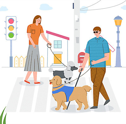 PSD 동물 라이프스타일 여자 남자 행복 반려견 두마리 일러스트 가족 지팡이 함께함 사랑 사람 성인 두명 산책 가족라이프 횡단보도 개 리트리버 강아지 신호등 즐거움 전봇대 동행 반려 시각장애인 안내견 성인만 국내일러스트 공공시설 감정 컨셉 2 포유류 관계 휴식 생활 반려동물 보행로 장애인 파일형식