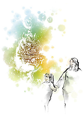 PSD 여자 교육 딸 문화 여행 일러스트 캘리그라피 가족 모녀 엄마 붓터치 유물 미소 사람 소녀 성인 두명 체험학습 체험 즐거움 번짐 견학 백제문화단지 수학여행 여자만 백제금동대향로 스쿨팩 향로_분향 국내일러스트 전통 감정 어린이 컨셉 관계 유적지 표정 부여 파일형식 효과