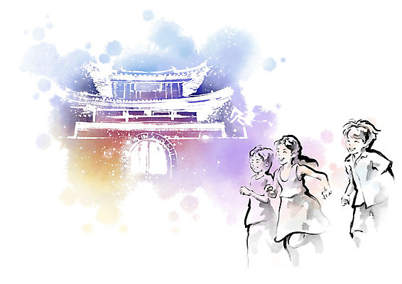 PSD 교육 문화 어린이 여행 일러스트 캘리그라피 붓터치 유물 한옥 기와 사람 소녀 세명 달리기 문화재 체험학습 체험 역사 번짐 견학 수학여행 탐방 풍남문 소년만 스쿨팩 국내일러스트 한국전통 전통 여자 컨셉 고건축 모션 전주 남자만 어린이만 파일형식 효과