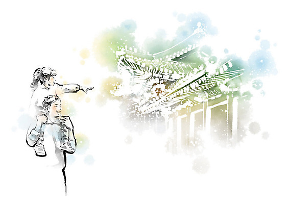 PSD 전통 여자 교육 남자 문화 여행 일러스트 캘리그라피 붓터치 유물 한옥 사람 소녀 두명 문화재 가리킴 체험학습 체험 목마 역사 아빠 번짐 견학 수학여행 부녀 스쿨팩 국내일러스트 한국전통 딸 어린이 컨셉 고건축 가족 손짓 파일형식 효과