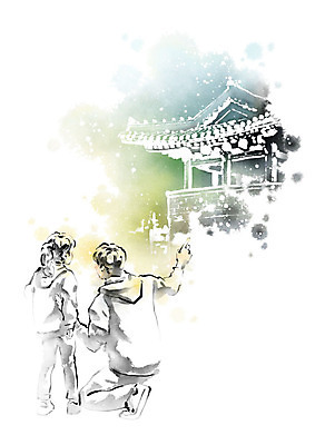 PSD 전통 여자 교육 남자 딸 문화 어린이 여행 일러스트 캘리그라피 가족 붓터치 유물 한옥 기와 설명 사람 소녀 성인 두명 문화재 체험학습 체험 목마 아빠 번짐 견학 수학여행 탐방 부녀 스쿨팩 국내일러스트 한국전통 컨셉 고건축 관계 모션 파일형식 효과