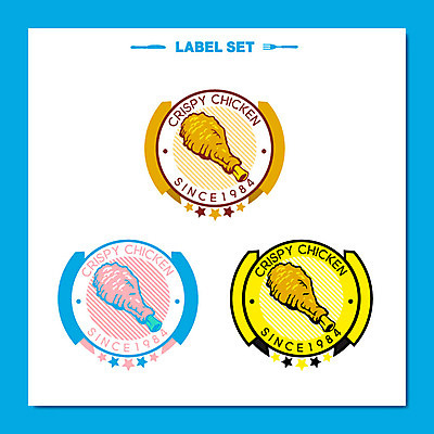 별 스티커 일러스트 사람없음 파란색 세트 라벨 치킨 심볼 닭다리 국내일러스트 AI파일 자연요소 컬러 프레임 닭고기요리 파일형식 벡터
