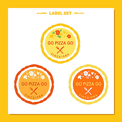 포크 스티커 일러스트 피자 사람없음 세트 노란색 라벨 나이프 심볼 국내일러스트 AI파일 식기 컬러 프레임 패스트푸드 서양음식 칼 파일형식 벡터