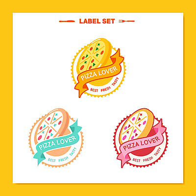 리본 스티커 일러스트 피자 사람없음 세트 노란색 라벨 심볼 국내일러스트 AI파일 컬러 프레임 패스트푸드 서양음식 파일형식 벡터