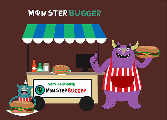 캐릭터 행복 음식 일러스트 상상 디저트 사람없음 햄버거 즐거움 요괴 몬스터 스넥카 국내일러스트 일러캐릭터 AI파일 감정 패스트푸드 파일형식 벡터