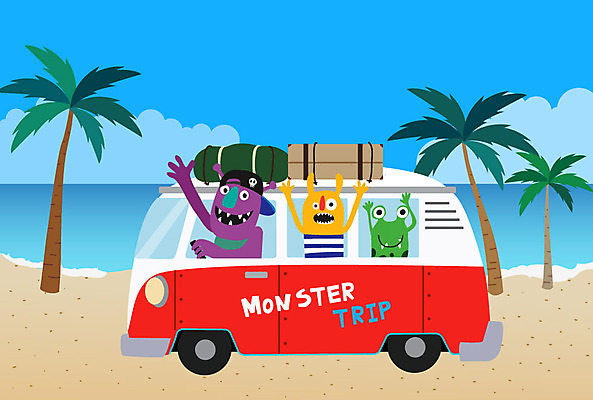 캐릭터 행복 여행 일러스트 상상 휴가 버스 해변 사람없음 야자수 즐거움 요괴 몬스터 국내일러스트 일러캐릭터 AI파일 나무 감정 육상교통 바다 대중교통 파일형식 벡터