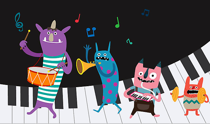 캐릭터 행복 악기 음악 연주 일러스트 상상 이벤트 사람없음 공연 피아노 북 즐거움 트럼펫 요괴 합주 몬스터 국내일러스트 일러캐릭터 AI파일 감정 문화예술 타악기 건반악기 금관악기 파일형식 벡터