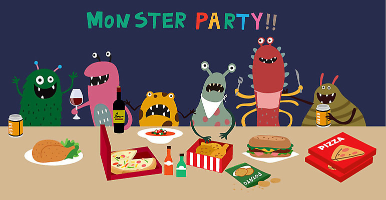 캐릭터 행복 음식 일러스트 상상 피자 사람없음 파티 치킨 햄버거 즐거움 요괴 간식시간 몬스터 국내일러스트 일러캐릭터 AI파일 감정 패스트푸드 서양음식 이벤트 닭고기요리 파일형식 벡터