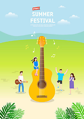 여자 남자 행복 음악 음표 일러스트 휴가 휴식 사람 이벤트 여러명 성인 연두색 여름 여름휴가 바캉스 야외활동 축제 기타 즐거움 락페스티벌 음악축제 휴가철 여름축제 국내일러스트 AI파일 기호 계절 감정 다수 컨셉 현악기 문화예술 초록색 파일형식 벡터 여름_계절